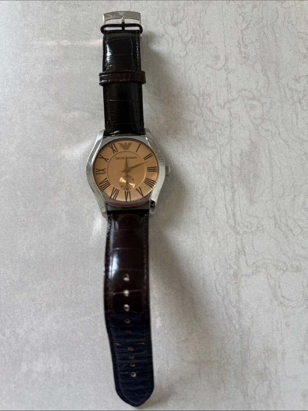 Emporio Armani Men's Watch with Rose Gold Dial and Dark Brown Strap